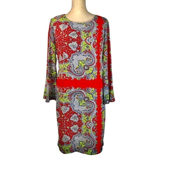ANTHROPOLOGIE YOANA BARASCHI Paisley Print Shift Dress Long Trumpet Sleeve Large - Picture 1 of 12